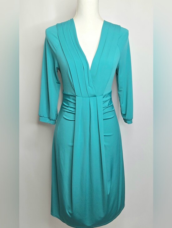 BCBGMaxAzria Dresses & Skirts - BCBGMaxAzria Teal Aqua Wedding Guest Faux Wrap Plunge Ruched Sheath Dress NWOT L